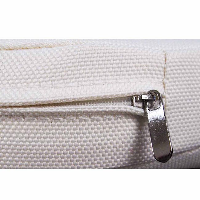 Palm Outdoor Dining Couple Set - White Cushions - 9 - White textured fabric zipper, metallic zipper pull, close-up view