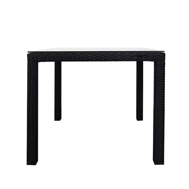 Palm Outdoor Dining Set - White Cushions - 7 - Woven outdoor table, black rattan design, minimalist style, rectangular