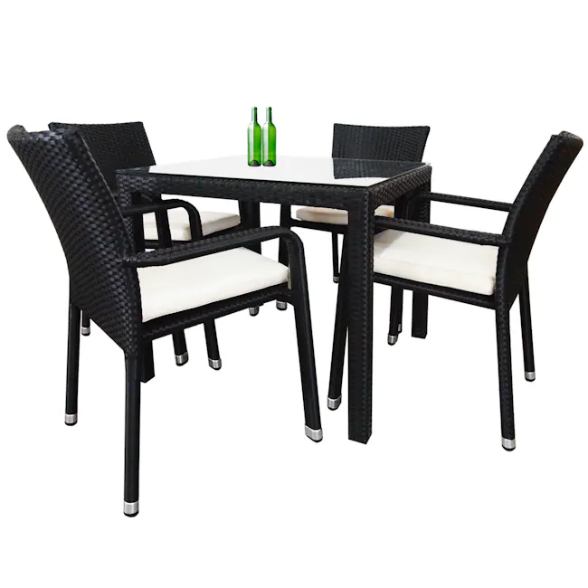 Palm Outdoor Dining Set - White Cushions - 1 - Woven outdoor dining set, black and white color scheme, comfortable cushioned