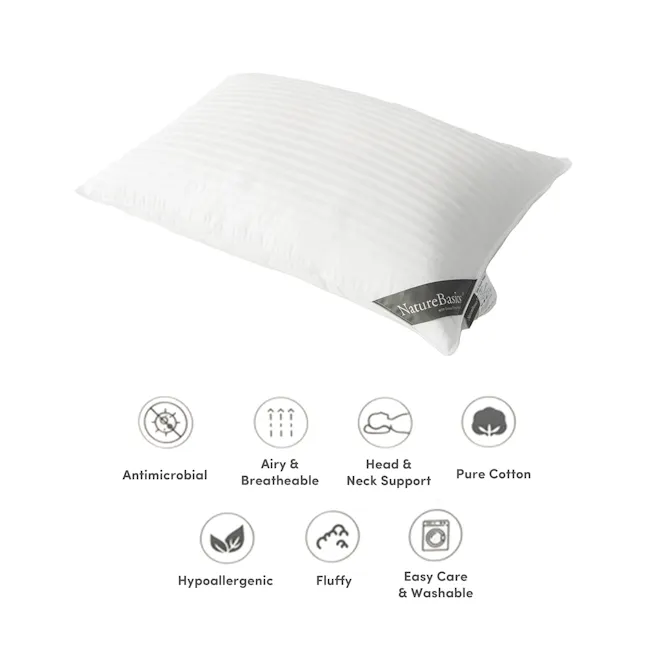 Nature Basics Hotel Line Snow Fibre Pillow (4 Firmness) - 3 - Antimicrobial, Airy & Breathable, Head & Neck Support, Pure