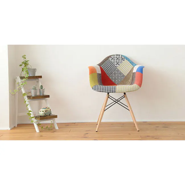 Lars Chair - Natural, Patchwork - 2 - White wooden ladder, potted plants, colorful chair, wooden legs, modern design
