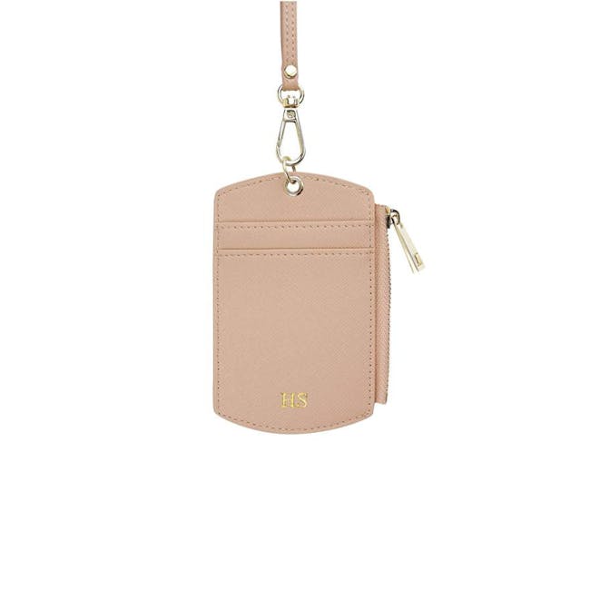 Personalised Saffiano Leather ID Cardholder Landyard With Zip - Nude - 1