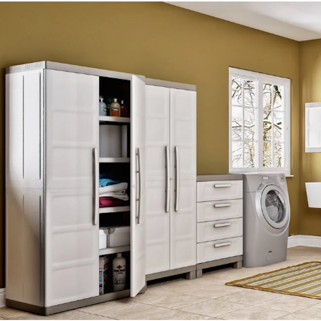 Excellence XL Utility Cabinet - 5 - White laundry cabinet, open doors, neatly folded clothes, towels, detergent, laundry