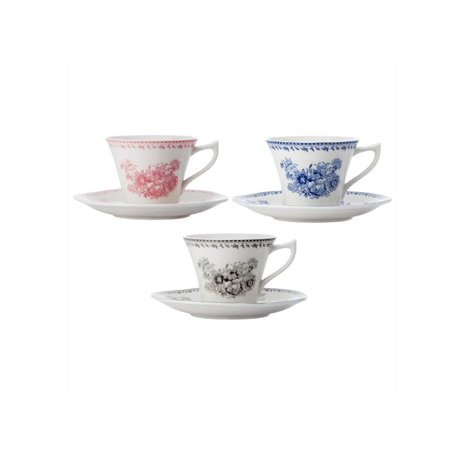 Luzerne Lancaster Garden Cup & Saucer Set 170ml - Blue - 4 - White ceramic teacups, blue floral designs, red floral designs