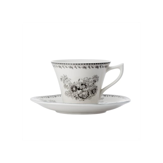 Luzerne Lancaster Garden Cup & Saucer Set 170ml - Blue - 3 - White porcelain teacup with floral design, elegant black and
