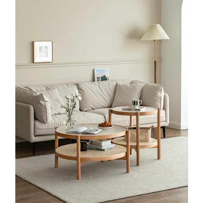 Lilian Rattan Side Table - Natural (Glass Tabletop) - 8 - Cream-colored sofa, minimalist decor, round coffee table, light
