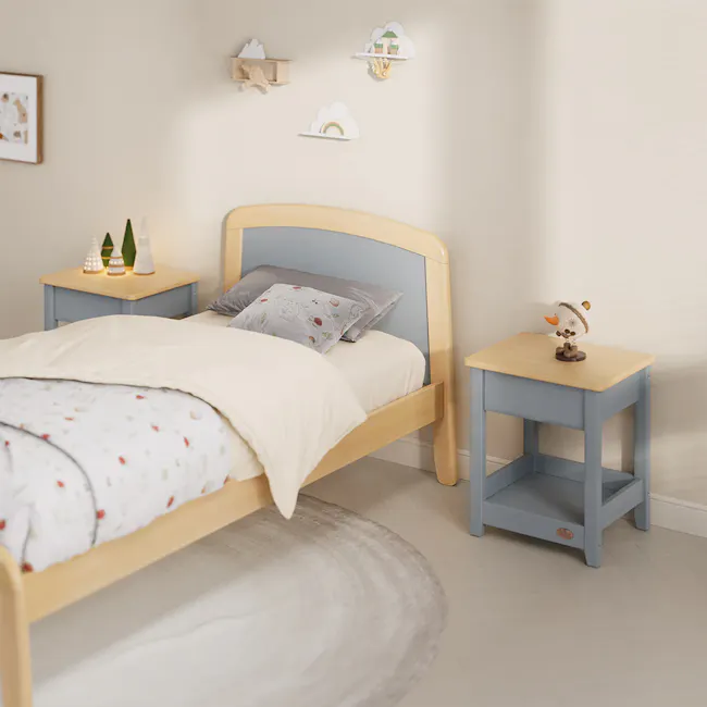 Bronte Single Bed - Blueberry & Almond - 7 - Soft, pastel-colored bedroom, cozy bed with white bedding, light blue