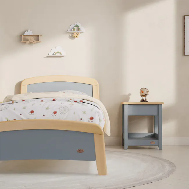 Bronte Single Bed - Blueberry & Almond - 5 - Wooden crib with soft bedding, light blue and beige color scheme, cozy bedroom