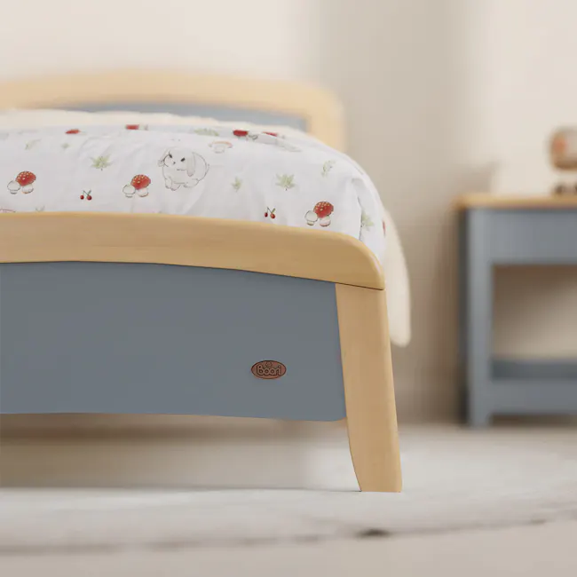 Bronte Single Bed - Blueberry & Almond - 6 - Soft, cozy bed with light blue mattress and wooden frame, featuring a cute