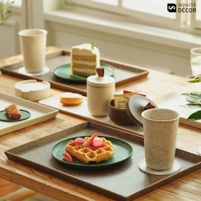 Sonite Husk Round Tray - Charcoal - 4 - waffle, fresh fruit, strawberries, waffles, pastry, coffee, cup, tea, dessert, tray