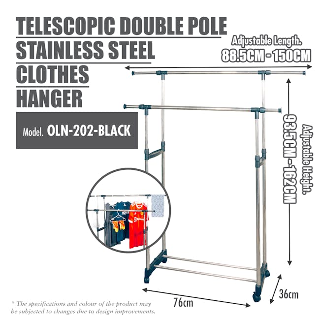 HOUZE Telescopic Stainless Steel Clothes Hanger - Black (2 Sizes) - 13