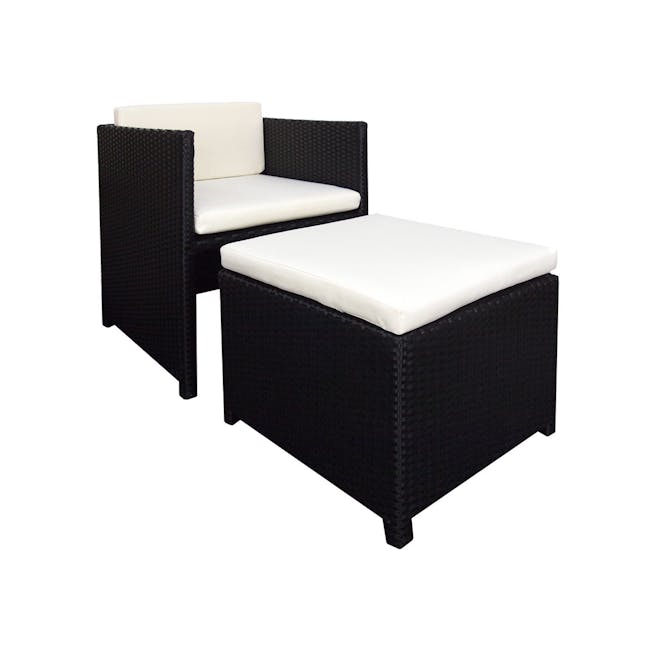 Splendor 1 Seater Armchair + 1 Ottoman - White Cushion - 1 - Woven outdoor patio furniture, black wicker, white cushioned