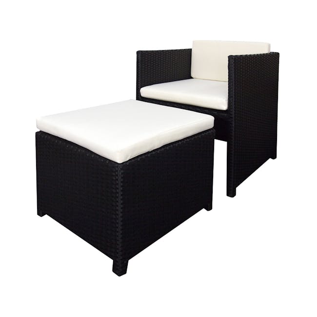 Splendor 1 Seater Armchair + 1 Ottoman - White Cushion - 4 - Woven outdoor patio furniture, black and white color scheme