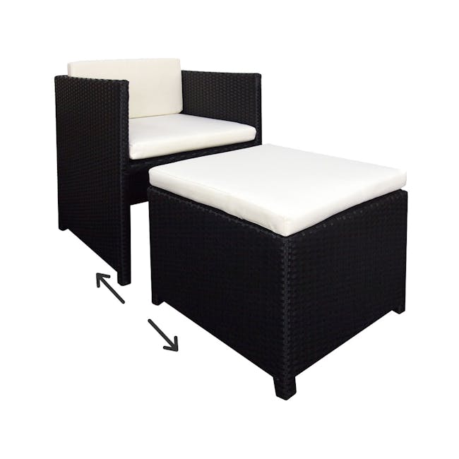 Splendor 1 Seater Armchair + 1 Ottoman - White Cushion - 3 - Woven outdoor sofa, black and white color scheme, comfortable