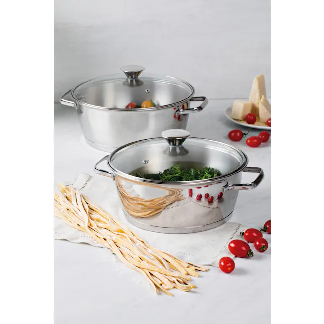 Tramontina Allegra 24cm Casserole with Lid - 2 - silver pot, pasta cooking, green leafy vegetables, cherry tomatoes, red