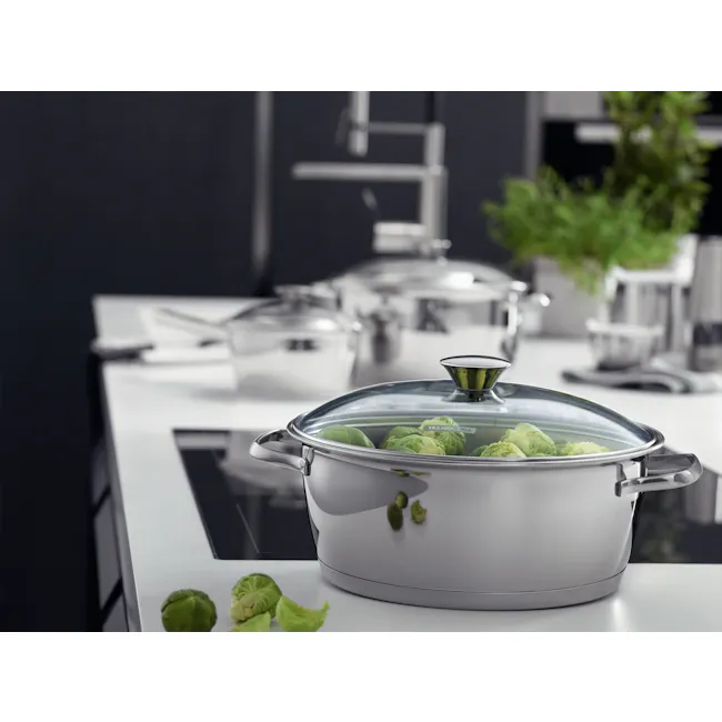Tramontina Allegra 24cm Casserole with Lid - 3 - silver pot, green vegetables, stainless steel, modern kitchen, chef's tool
