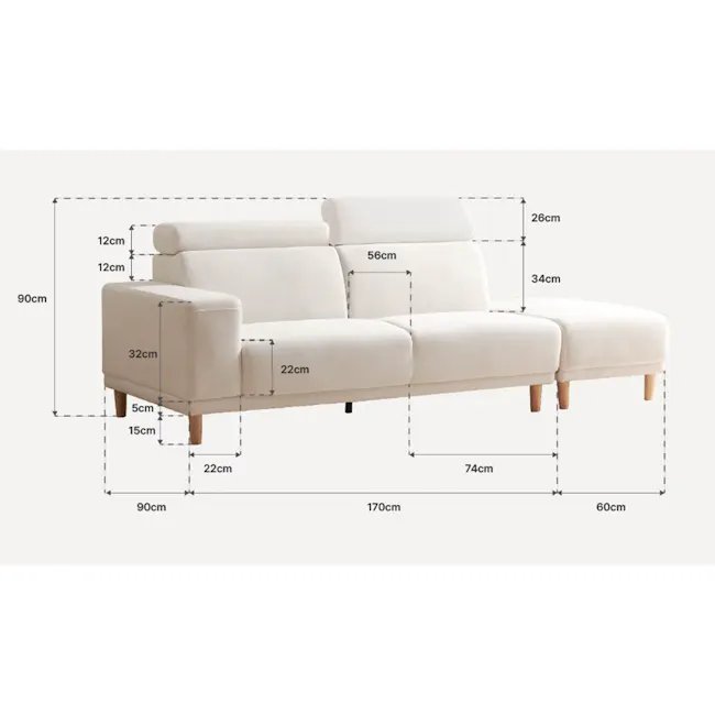 Melysa 3 Seater Right Arm Chaise Sofa with Adjustable Headrest - Ivory (Eco Clean Fabric) - 15 - White upholstered sofa with