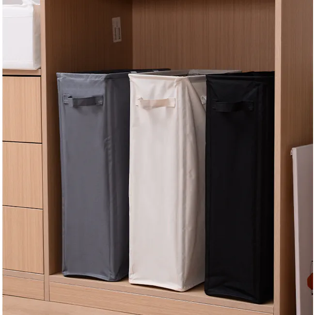 Mason Slim Laundry Hamper - Grey - 3 - Wooden wardrobe, three storage bins, grey, white, black, neatly arranged, soft-close