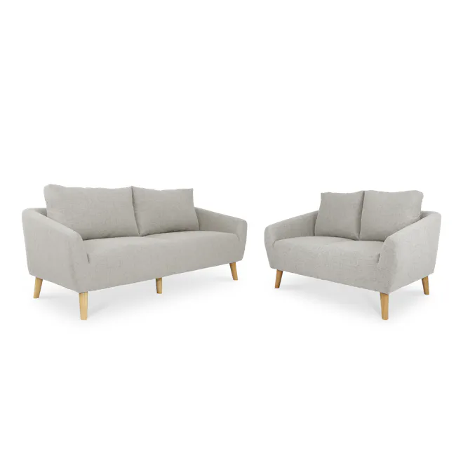 Hana 3 Seater Sofa with Hana 2 Seater Sofa - Sand - 1 - Modern beige sofa, minimalist design, light upholstery, wooden legs