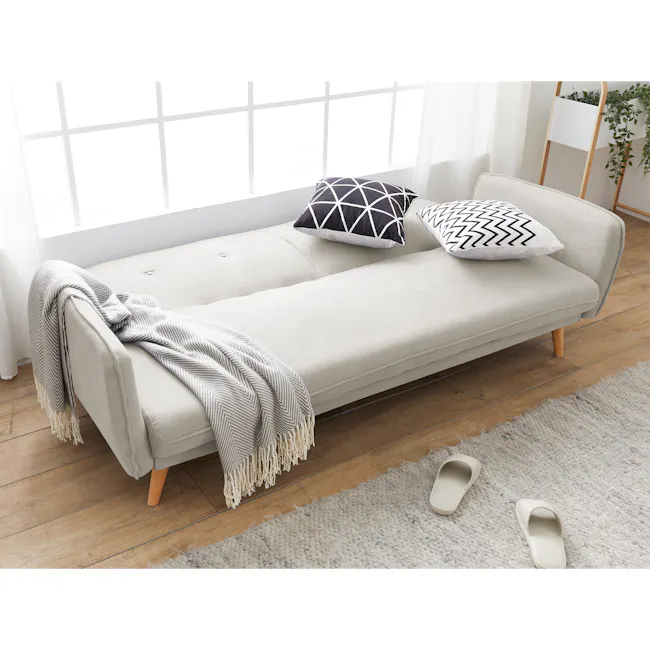Emery 3 Seater Sofa Bed - Sand - 3 - Light beige sectional sofa, modern design, minimalist decor, white and black geometric