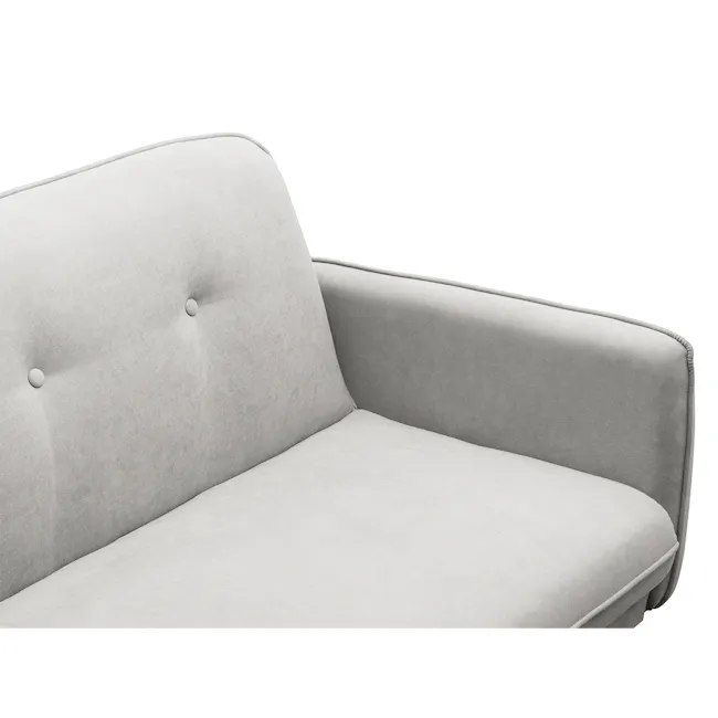 Emery 3 Seater Sofa Bed - Sand - 9 - Modern upholstered sofa, minimalist design, light gray fabric, tufted buttons, sleek