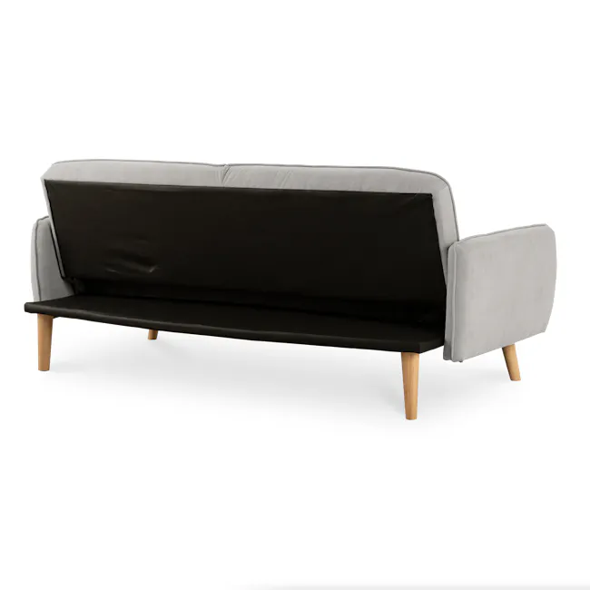 Emery 3 Seater Sofa Bed - Sand - 8 - Modern minimalist sofa, sleek design, light gray upholstery, wooden legs, contemporary