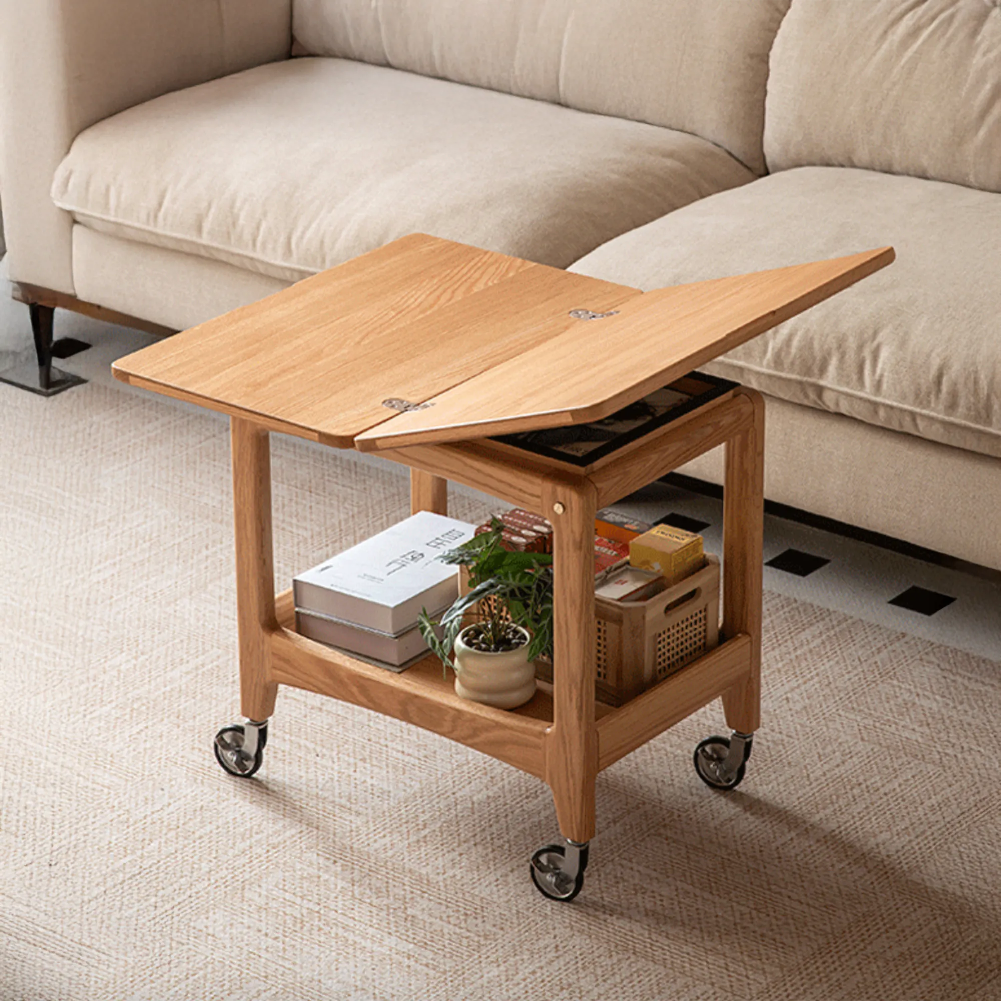 Freddy Folding Trolley Side Table - Oak - 17