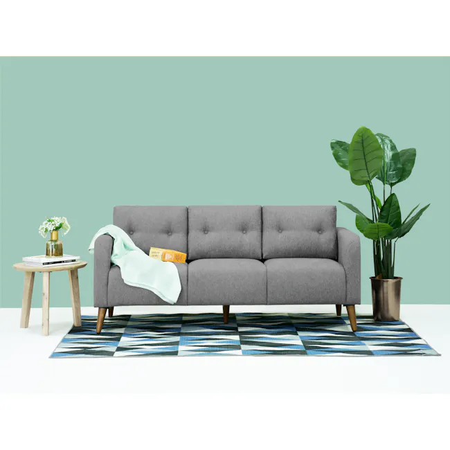 Bennett 3 Seater Sofa with Bennett 2 Seater Sofa - Gray Owl - 2 - Gray sofa, light green wall, wooden side table, white vase