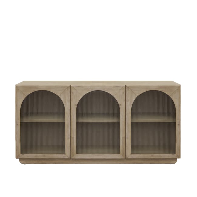 Catania Sideboard 1.6m - 1 - Wooden cabinet with three arched doorways, minimalist design, light wood finish, vertical