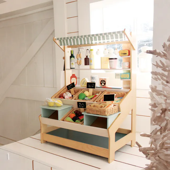 Tender Leaf Toy Kitchen - General Stores - 5 - Wooden display stand, green and white striped awning, kitchen theme, small