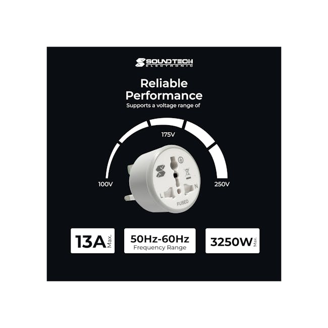 SOUNDTEOH Universal Travel Adaptor - 8 - SOUNTECH Reliable Performance Power Adapter, 175V to 250V Voltage Range, 13A Max.