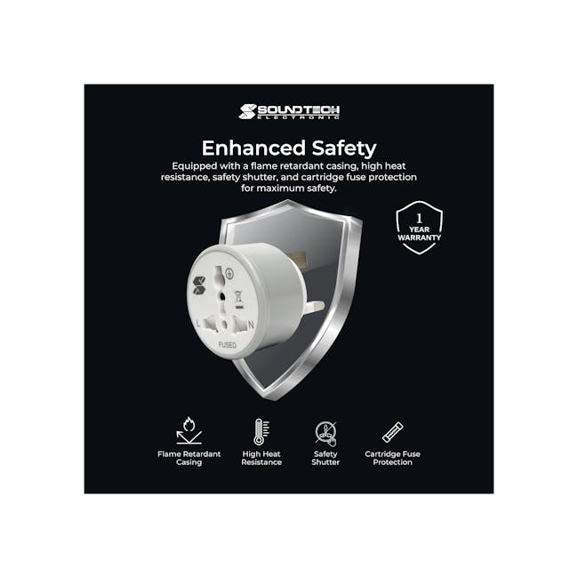SOUNDTEOH Universal Travel Adaptor - 9 - Enhanced safety, flame retardant casing, high heat resistance, safety shutter