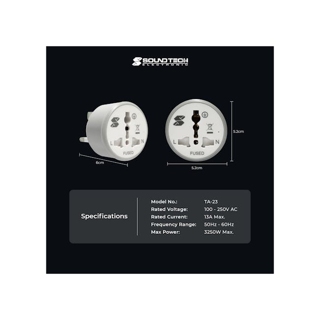 SOUNDTEOH Universal Travel Adaptor - 10 - Dual socket power supply with fused connections, 6 cm and 2 cm dimensions