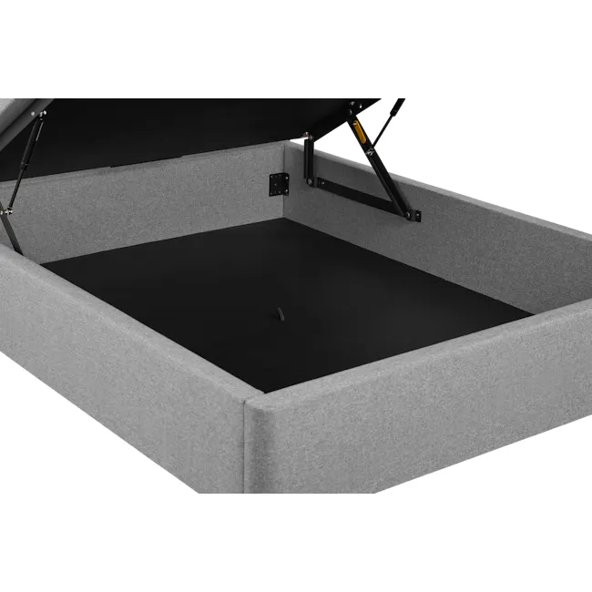 ESSENTIALS King Headboard Storage Bed - Oat (Eco Clean Fabric) - 11 - Gray upholstered bed frame with black mattress, black