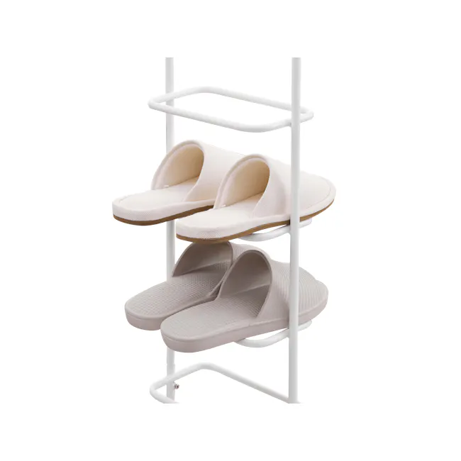 Chester Shoe Rack - White, Natural - 5 - White metal stand with two pairs of beige slippers, minimalist design, modern