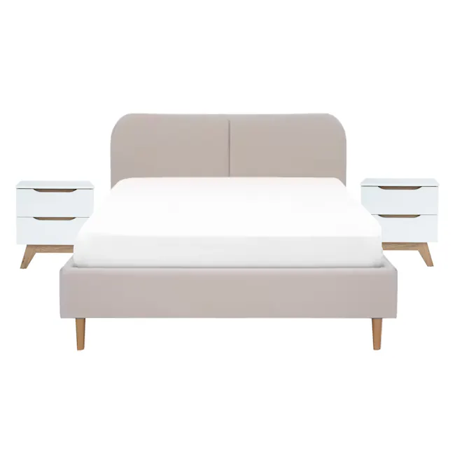 Nolan Queen Bed in Oatmeal with 2 Miah Bedside Table in White - 1 - White modern bedside table, wooden legs, minimalist