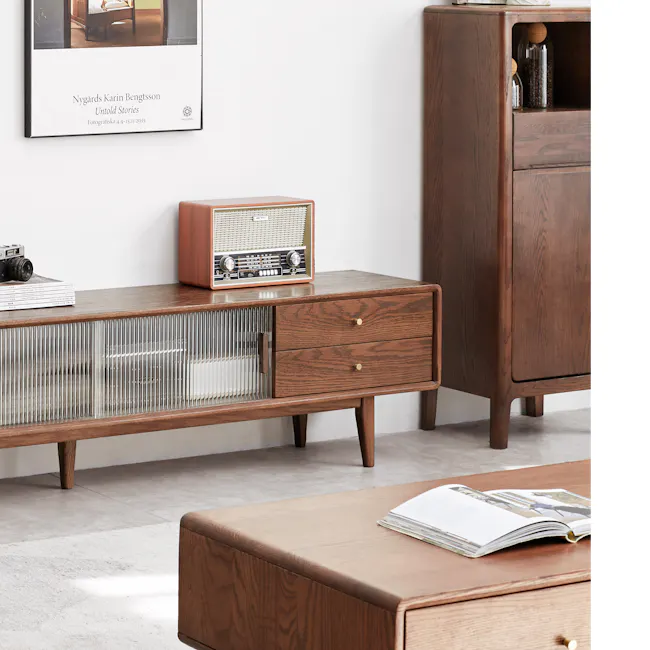Lucia TV Console 1.5m - 7 - Vintage radio, wooden cabinet, stack of books, glass cabinet, old-fashioned radio, vintage