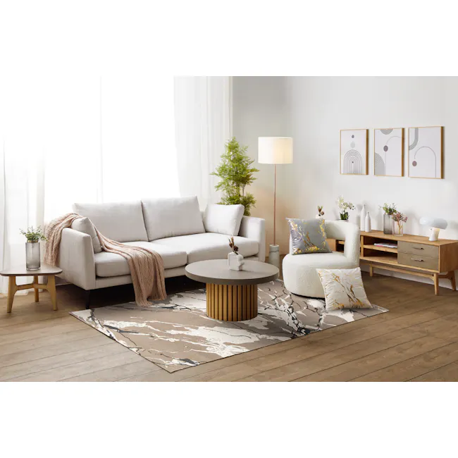 Play High Pile Rug - Taupe Marble (2 Sizes) - 2 - Modern living room with minimalist decor, light beige sofa, cozy armchair