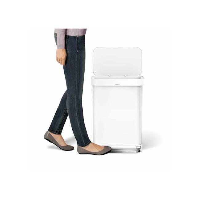 simplehuman Rectangular Step Can - White (2 Choices) - 8 - woman wearing jeans and flats, standing next to washing machine
