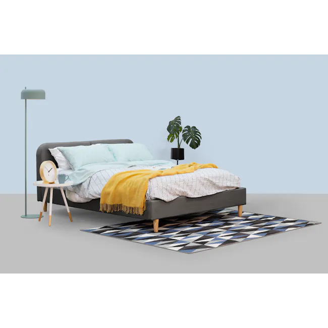 Nolan Queen Bed in Hailstorm with 2 Miah Bedside Table in White - 14 - Modern minimalist bedroom, light blue walls, cozy bed