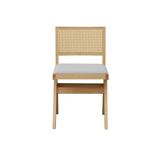 Dean Rattan Chair - Oak, Light Grey (Fabric) - 5 - Wooden chair with woven backrest, light gray cushion, minimalist design