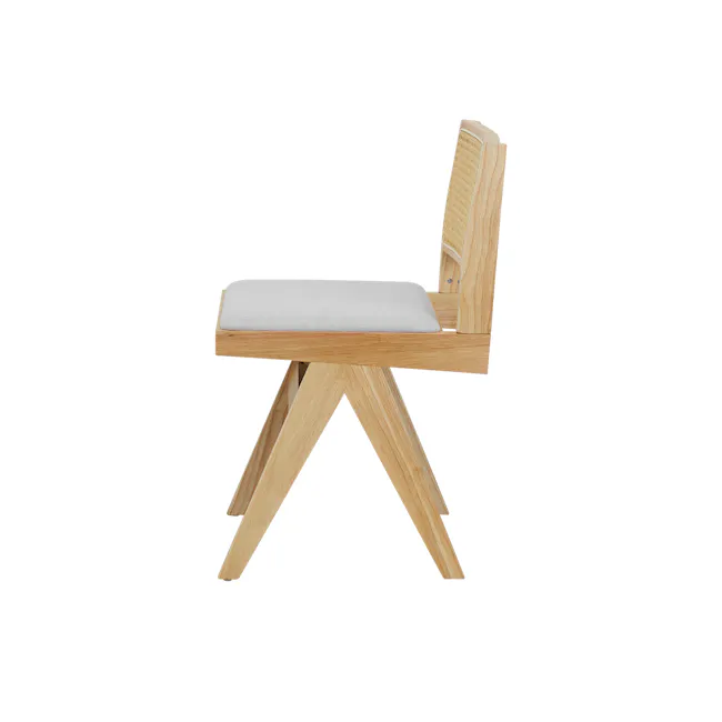 Dean Rattan Chair - Oak, Light Grey (Fabric) - 9 - Wooden chair with light gray cushion, minimalist design, natural wood