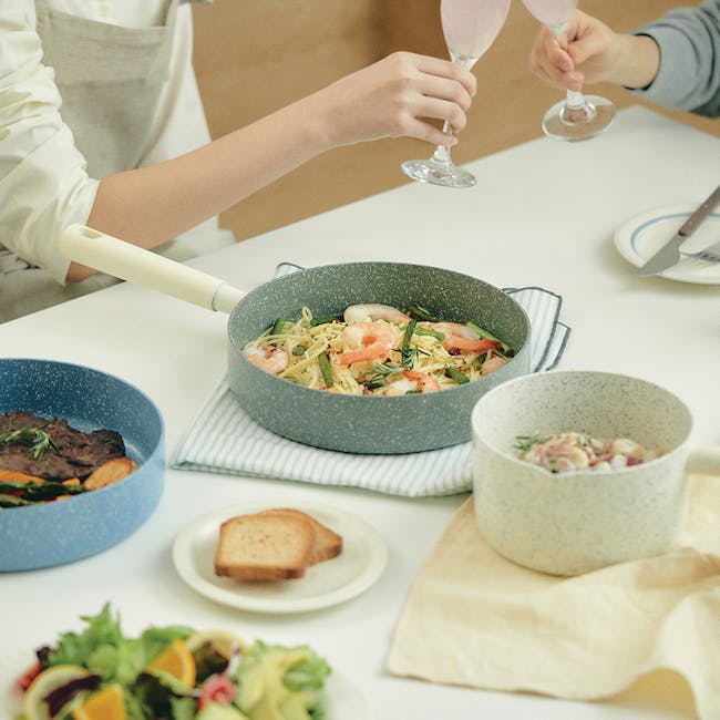 Arong Nonstick Frying Pan - Green & Cream White - 4 - fancy dinner table, two people enjoying meal, wine glasses, pasta