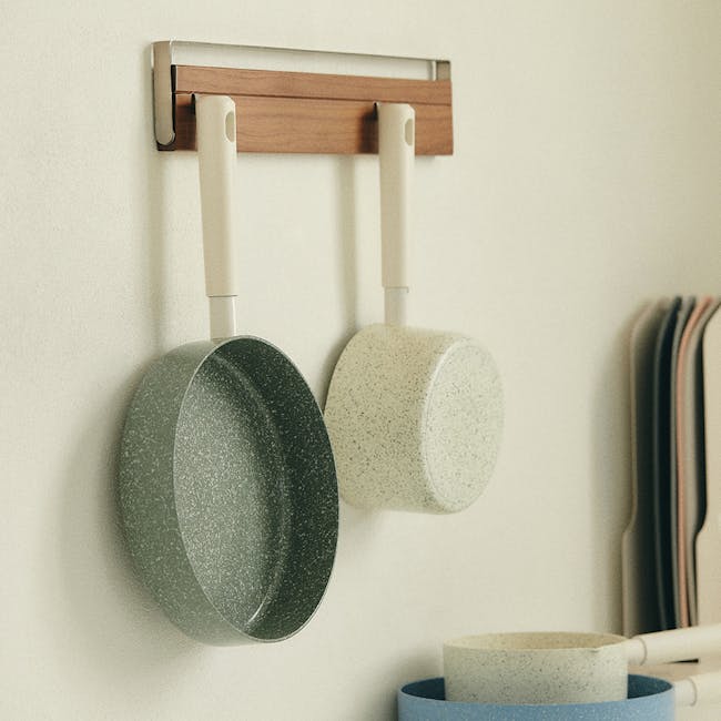 Arong Nonstick Frying Pan - Green & Cream White - 10 - Green speckled pan, ceramic mug, wooden rack, white handle, modern