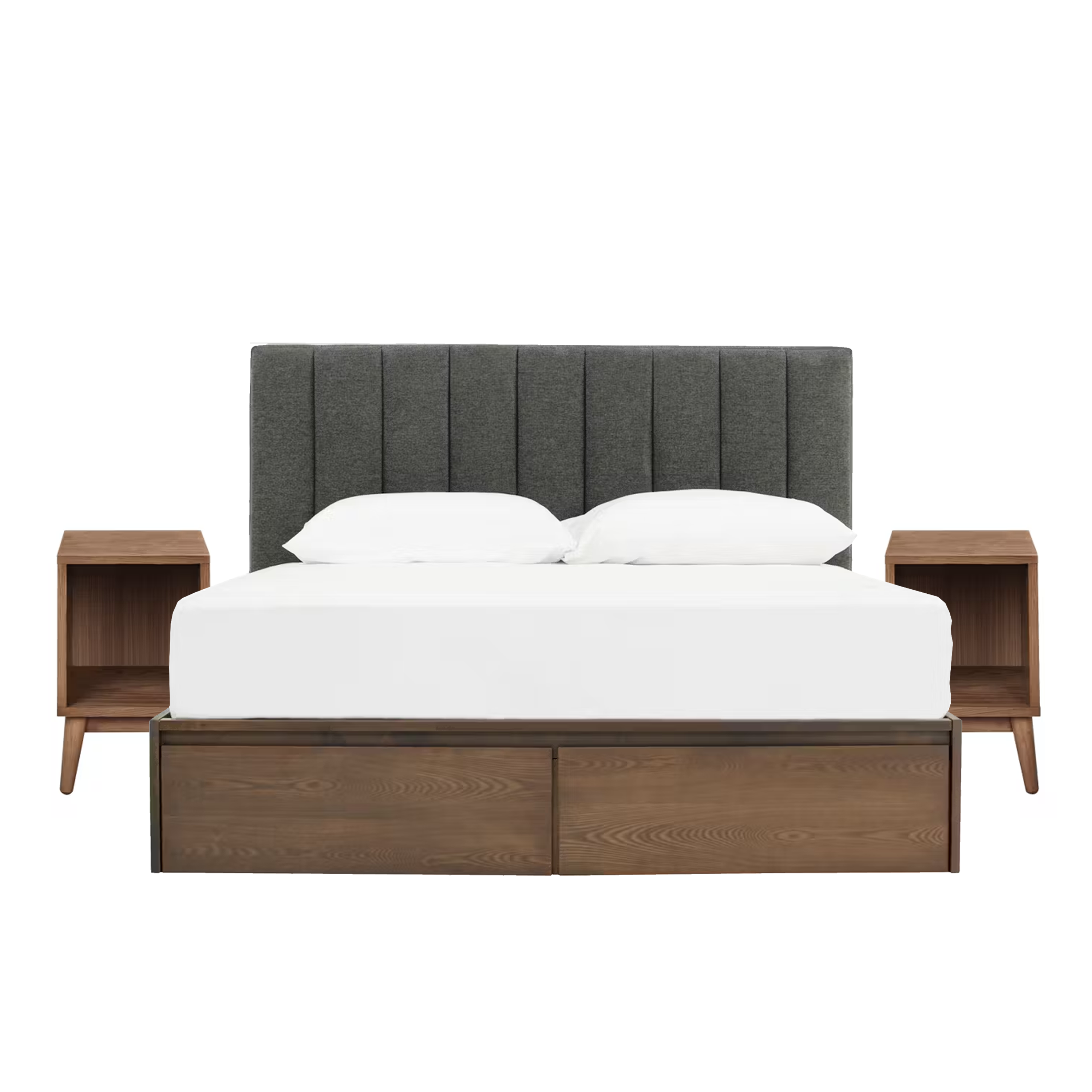Zephyr 4 Drawer Queen Bed in Walnut, Anthracite Grey with 2 Kyoto Single Shelf Slim Bedside Table in Walnut