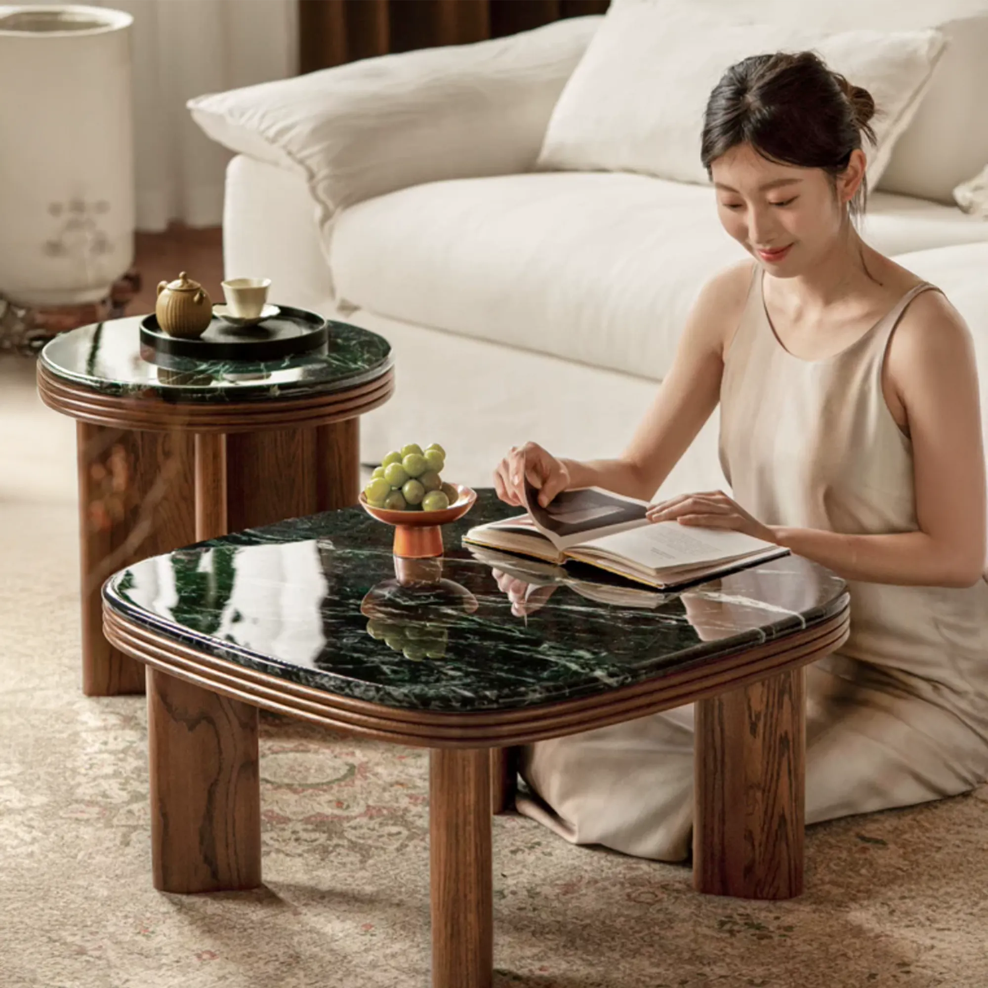 Reign Round Side Table 0.45m - Walnut, Jade (Marble) - 12
