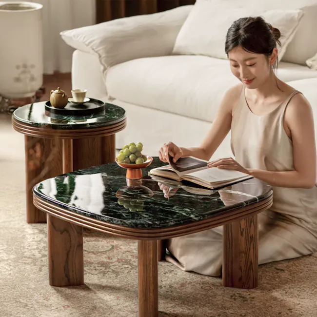 Reign Round Side Table 0.45m - Walnut, Jade (Marble) - 12