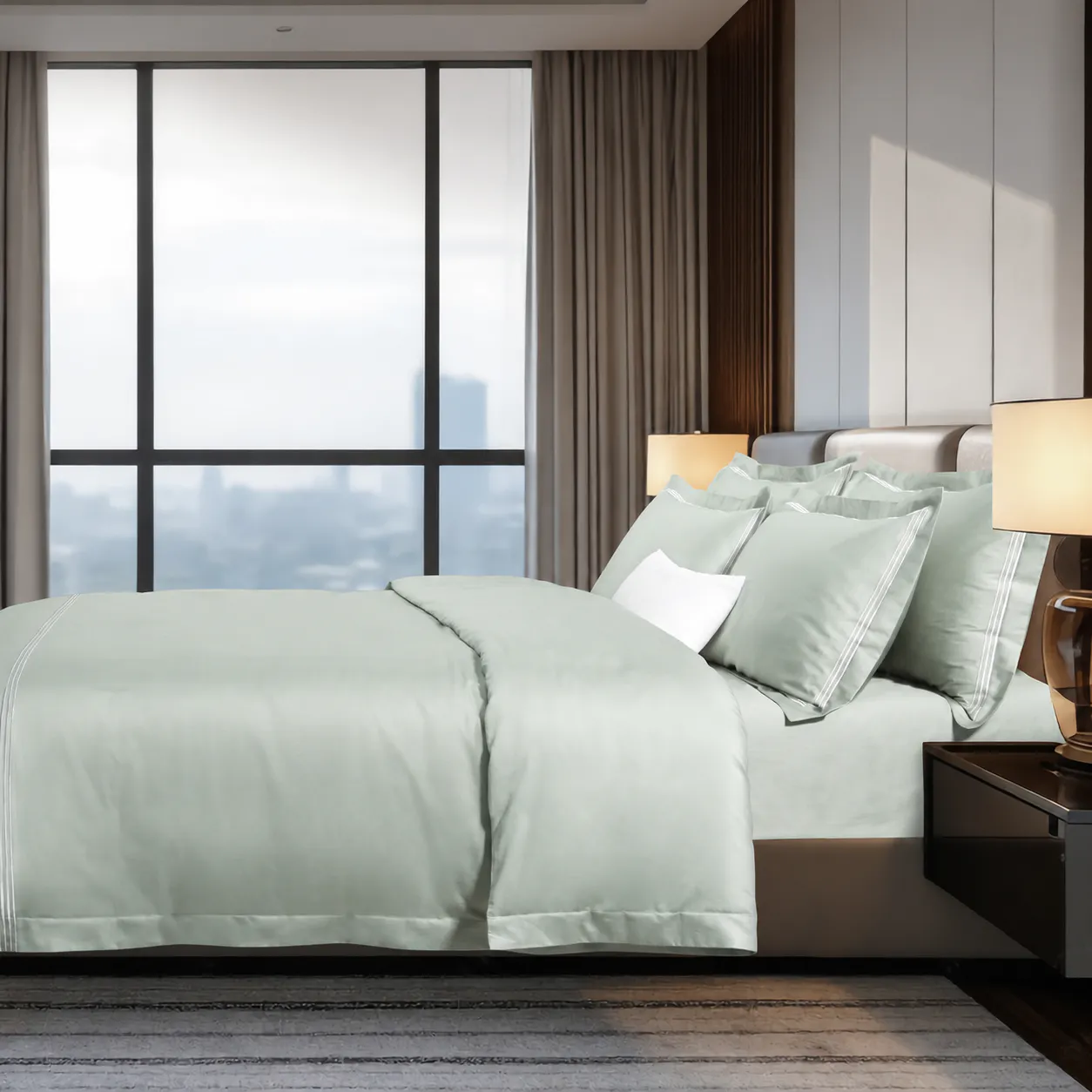 IE Maison Hotel Suite Premium Cotton Solid Bed Sheet Set with Embroidery - Sage (4 Sizes)