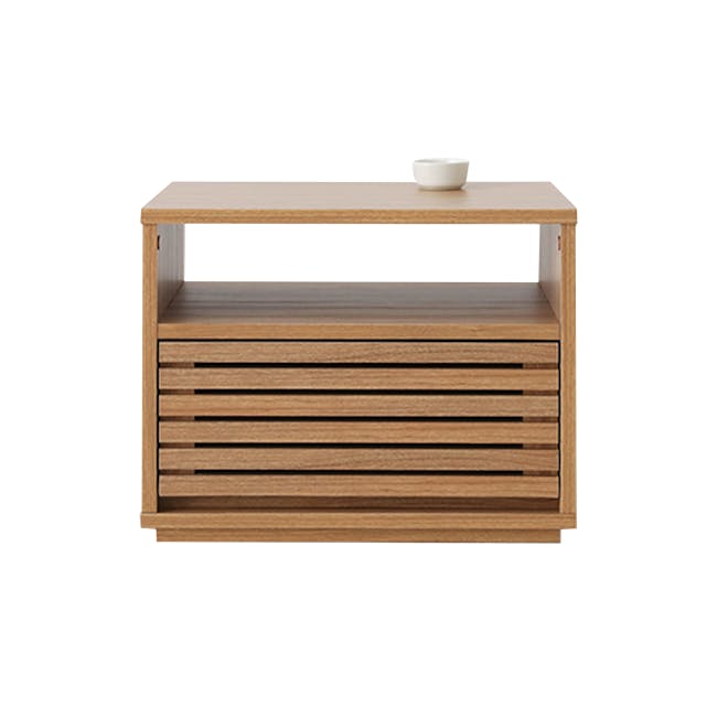 Sholid Bedside Table - 1 - Wooden sideboard, minimalist design, light wood finish, horizontal slats, open shelving, built-in