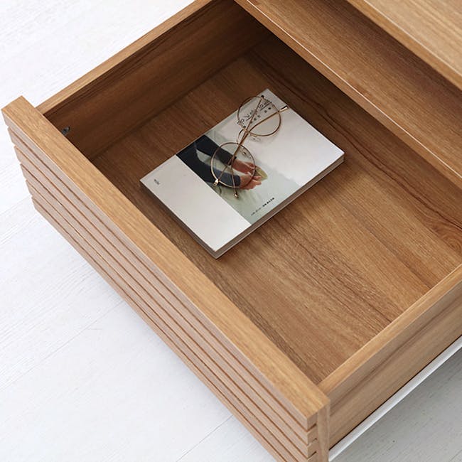 Sholid Bedside Table - 4 - Wooden drawer, minimalist design, open drawer, neatly placed glasses, soft lighting, modern